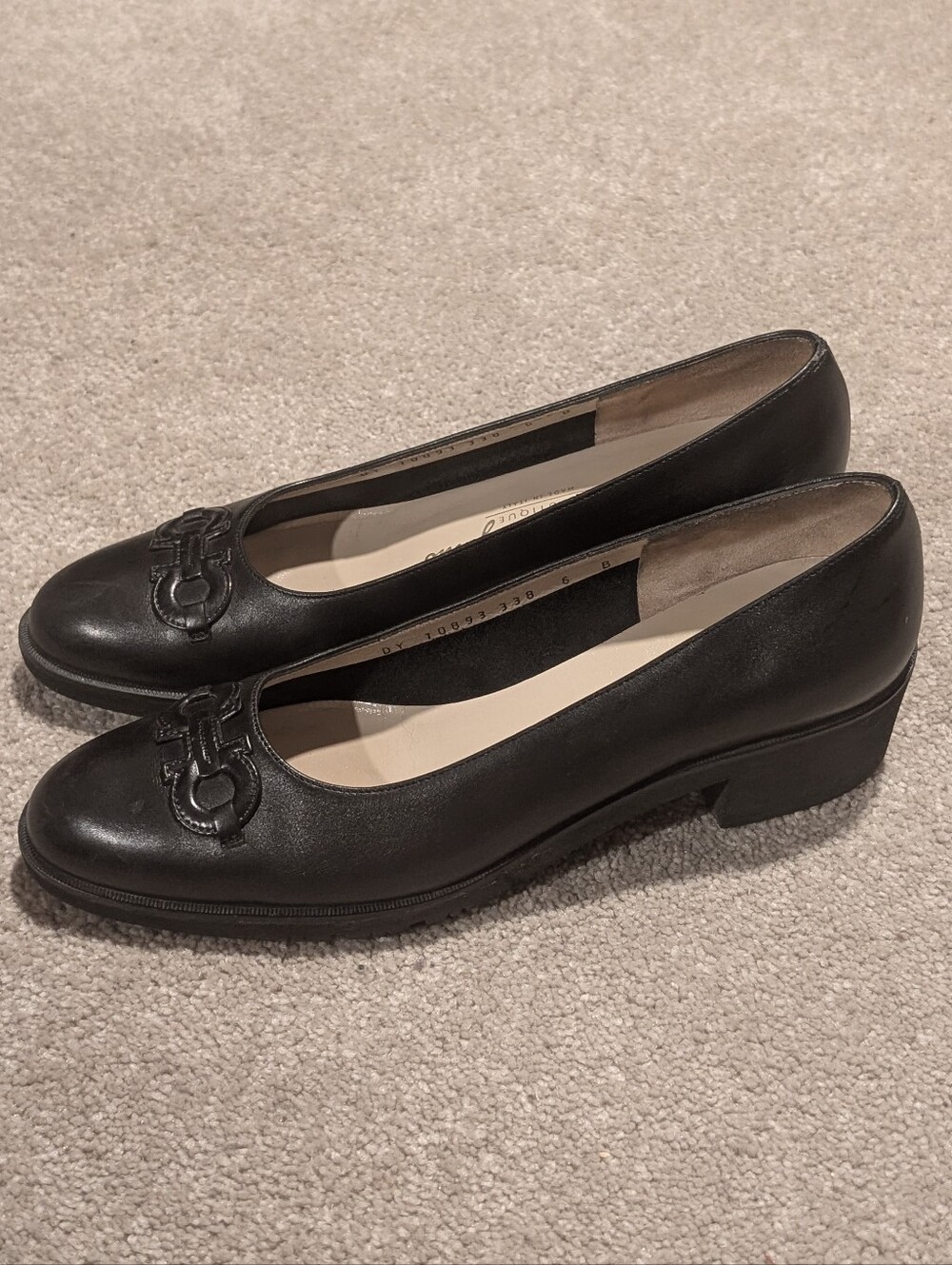Salvatore Ferragamo Black Leather Low Block Heel Loafers